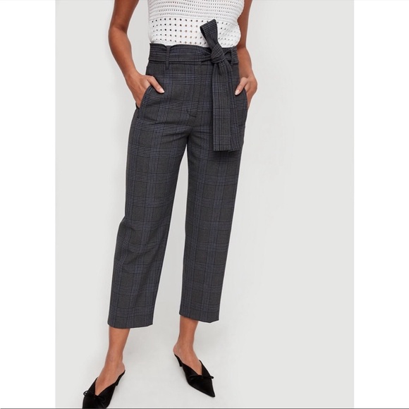 Aritzia Wilfred Navy Grey Tie Front Belt Plaid Trouser Pants - Picture 1 of 4